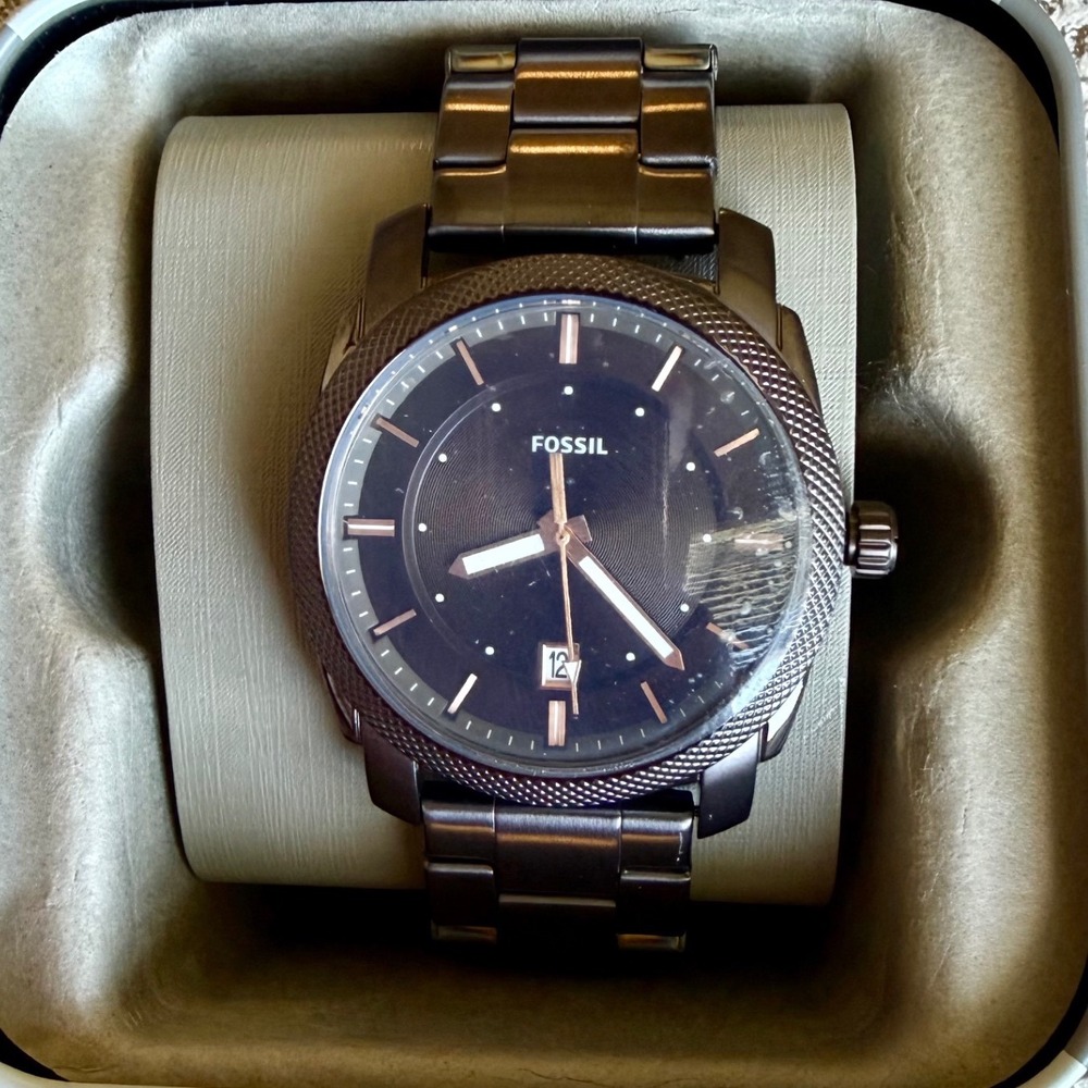 Fossil Mens Machine Smoke Stainless Steel Watch FS5370 Rose Gold Accents New